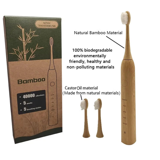 Eco-Sonic Electric Toothbrush – Bamboo Brush Head & Castor Oil Soft Bristles, IPX7 Waterproof for Superior Oral Care – Perfect Gift for a Healthier Smile